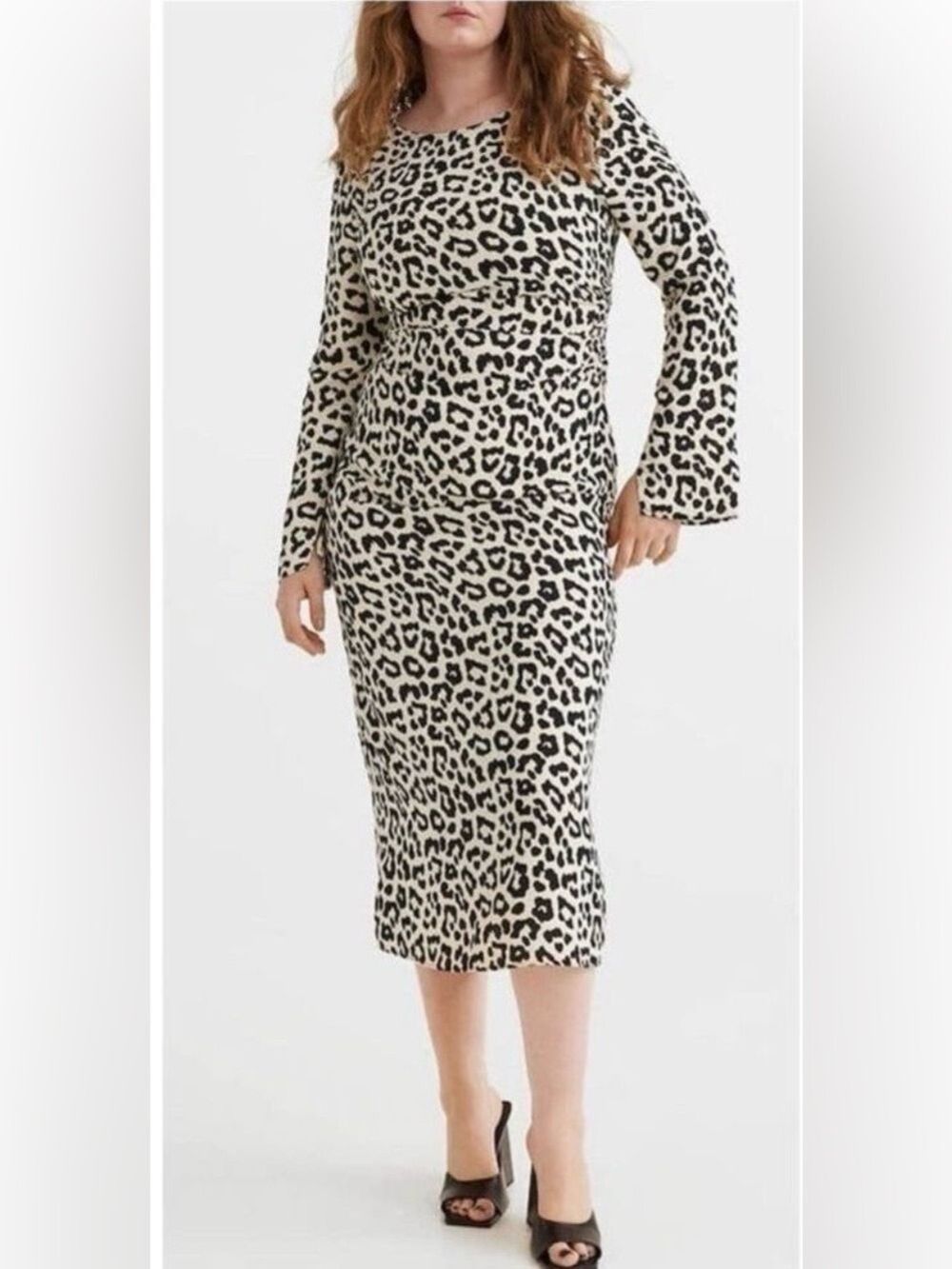 H&M Fitted Midi Long Sleeve Dress in Woven Leopard Print Fabric with Open Back